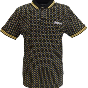 Lambretta Mens Black Gold Geometric Print Cotton Polo Shirts