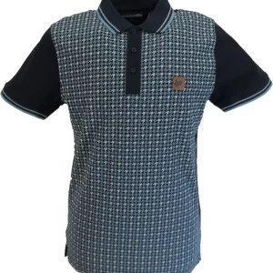 Lambretta Mens Navy Blue Houndstooth Print Cotton Polo Shirts