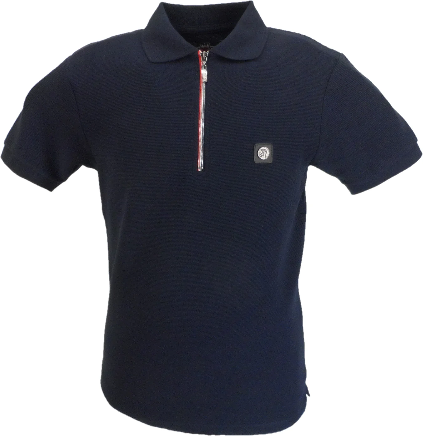 Trojan Mens Navy Blue Ottoman Rib Chrome-effect Zip Polo Shirt - immagine 2
