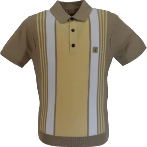 Gabicci Vintage Mens Sandstone Searle Stripe Knitted Polo Shirt
