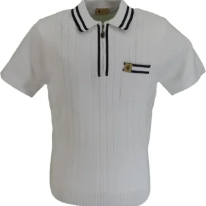 Gabicci Mens White Johnson Quarter Zip Retro Polo