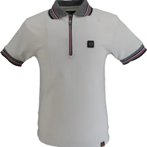 Trojan Mens Ecru Oxford Collar Rib Chrome-effect Zip Tipped Polo Shirt