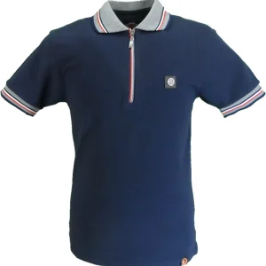 Trojan Mens Navy Blue Oxford Collar Rib Chrome-effect Zip Tipped Polo Shirt