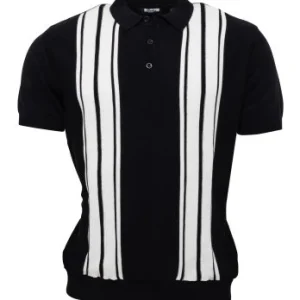 Relco Mens Navy Blue Retro Striped Knitted Polo Shirts