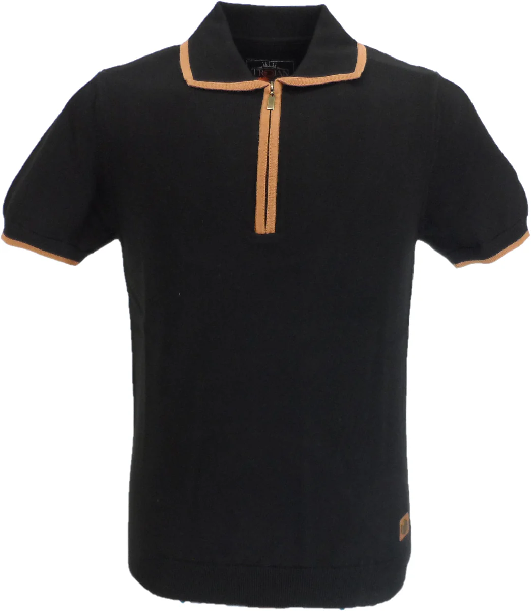 Trojan Records Mens Black Zipped Knitted Polo Shirt - immagine 2
