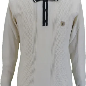 Gabicci Mens Cream/Navy Bethal Textured Retro Knitted Polo