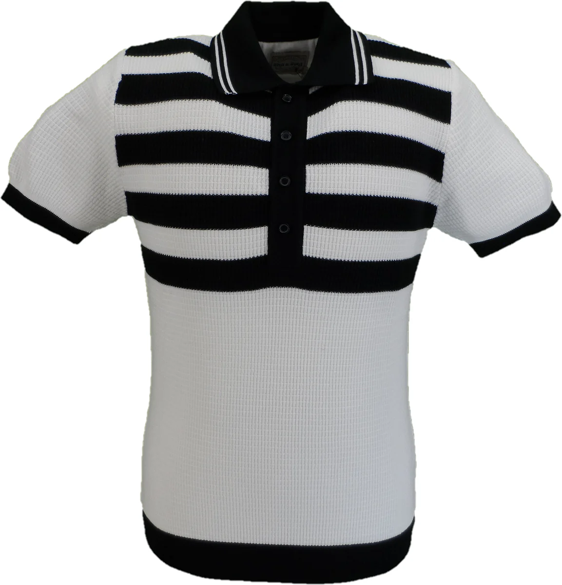 Ska & Soul Mens Ecru/Black Striped Waffle Knited Polo Shirt - immagine 2