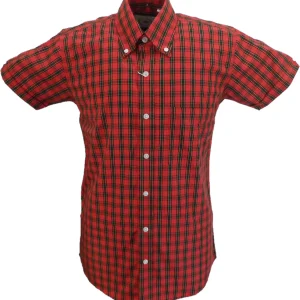 Relco Red Tartan 100% Cotton Short Sleeved Vintage Retro Mod Button Down Shirts