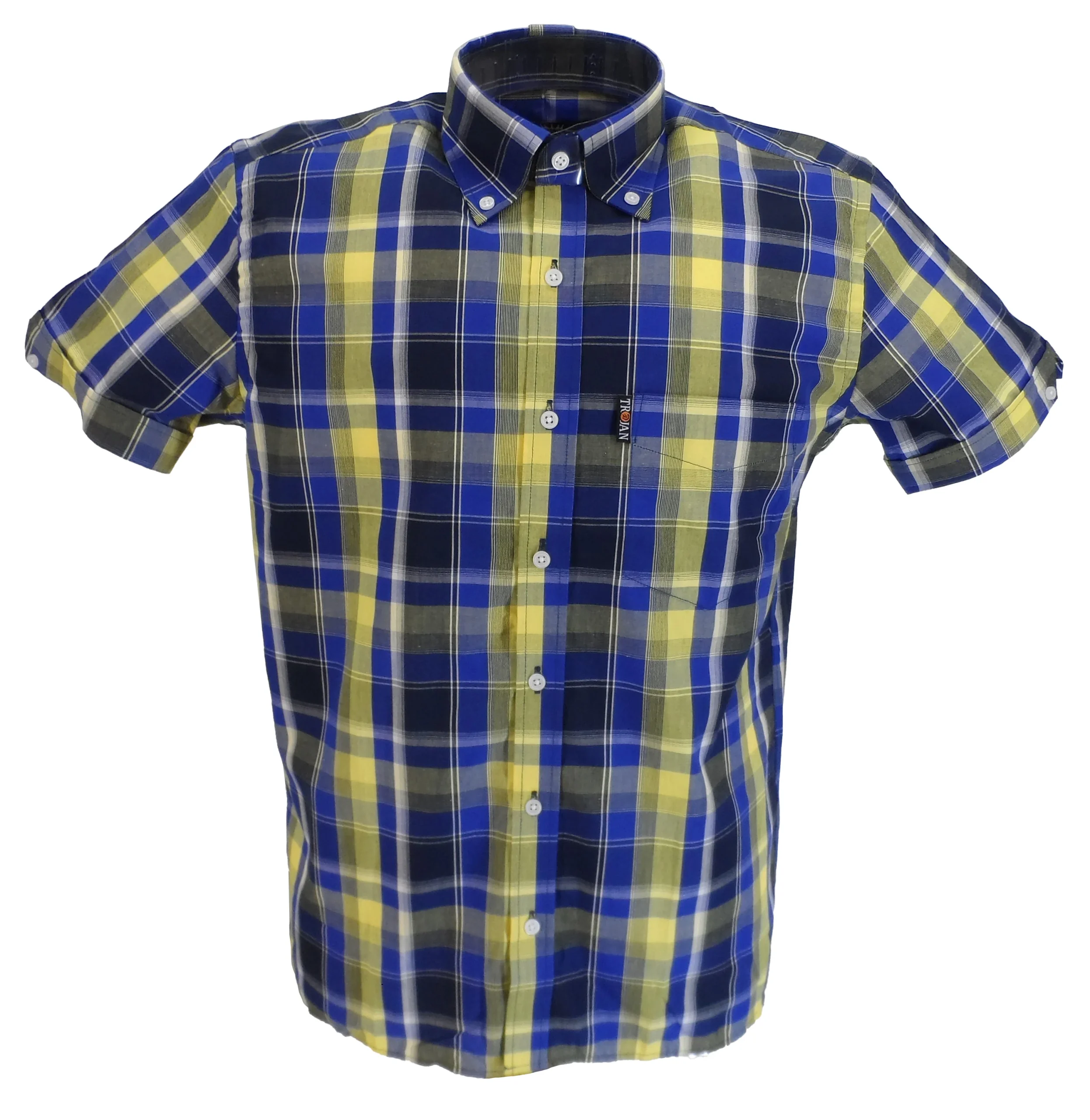 Trojan Mens Cobalt Blue Check 100% Cotton Short Sleeved Shirts and Pocket Square - immagine 2