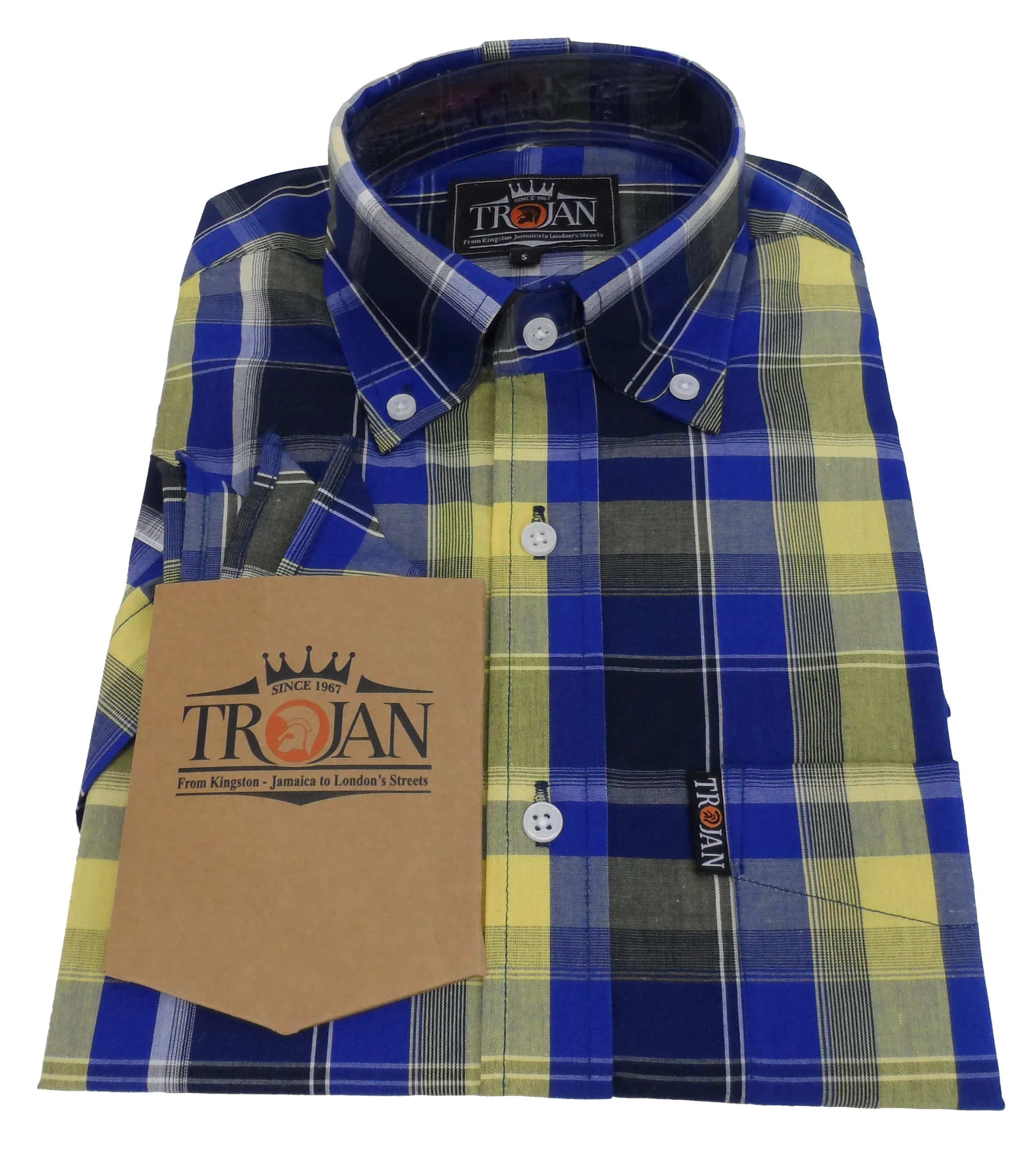 Trojan Mens Cobalt Blue Check 100% Cotton Short Sleeved Shirts and Pocket Square - immagine 4