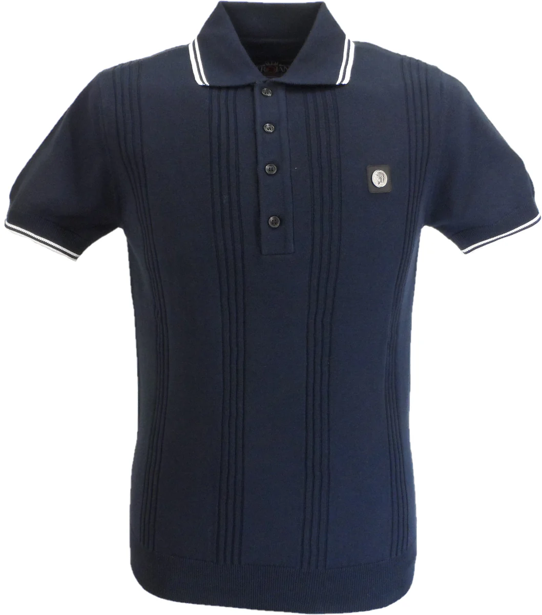 Trojan Records Mens Navy Blue Self Stripe Knitted Polo Shirt - immagine 2