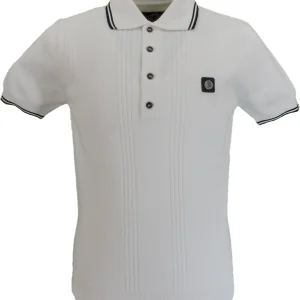 Trojan Records Mens Ecru Self Stripe Knitted Polo Shirt