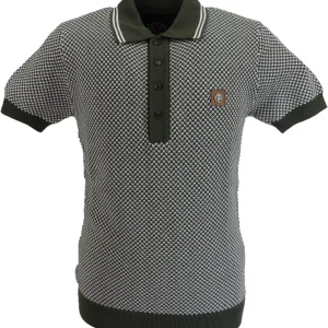 Trojan Mens Army Green Pattern Fine Gauge Knitted Polo Shirt