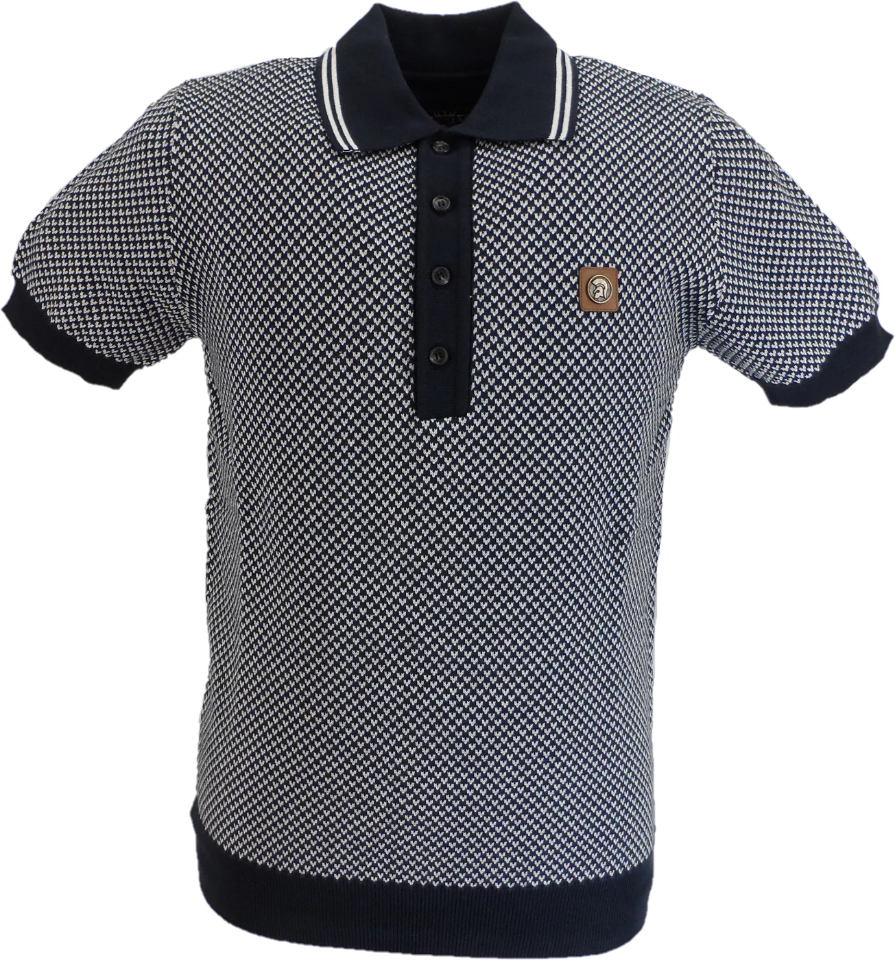 Trojan Mens Navy Blue Pattern Fine Gauge Knitted Polo Shirt - immagine 2