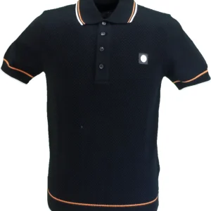 Trojan Mens Black/Orange/White Textured Fine Gauge Knitted Polo Shirt