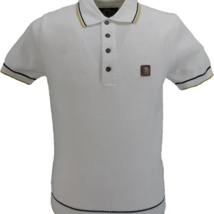 Trojan Mens Ecru/Black/Gold Textured Fine Gauge Knitted Polo Shirt