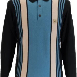 Gabicci Mens Black Searle Multi Stripe Knitted Polo