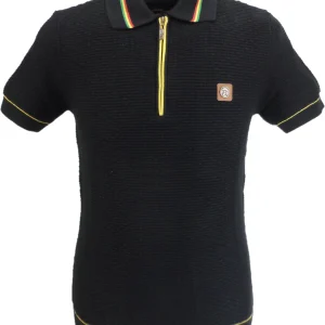 Trojan Mens Black Zip Basket Weave Zipped Knitted Polo Shirt