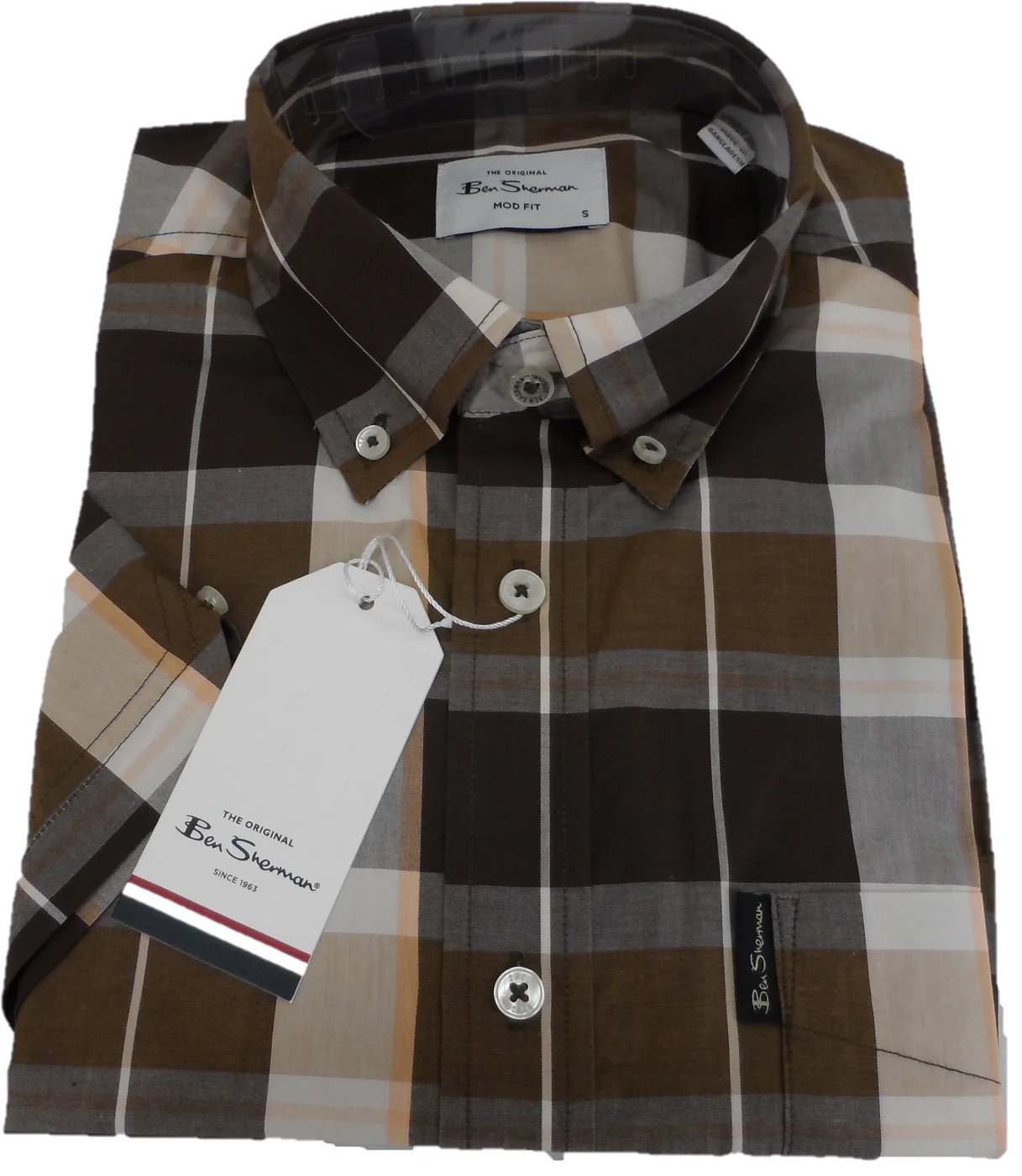 Ben Sherman Mens Dark Brown Checked Short Sleeved Shirt - immagine 3