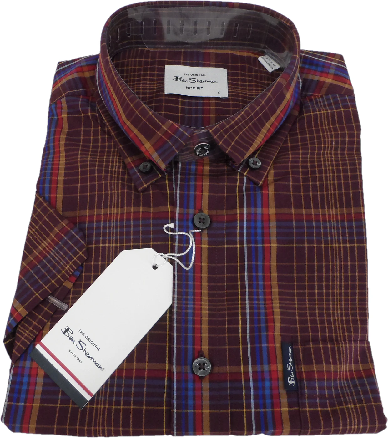 Ben Sherman Mens Dark Wine Checked Short Sleeved Shirt - immagine 3