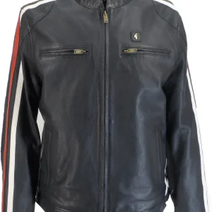 Gabicci Mens Moto Navy/White/Red Leather Rally Jacket
