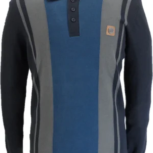 Lambretta Mens Navy Blue and Grey Striped Knitted Polo Shirt
