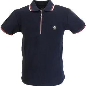 Trojan Mens Navy Blue Rib Chrome-effect Zip Tipped Polo Shirt