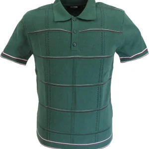 Relco Mens Green Retro Cable Knitted Polo Shirts