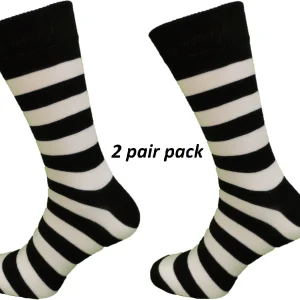 Mens 2 Pair Pack Black/White Striped Retro Socks