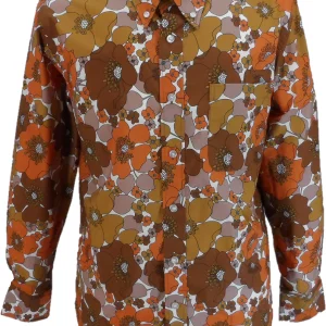 Mens 70s Copper and Brown Psychedelic Floral Shirt