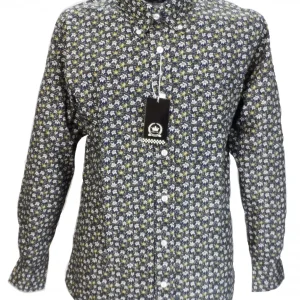 Relco Navy Olive Floral Cotton Long Sleeved Retro Mod Button Down Shirts