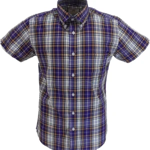 Real Hoxton Mens Purple Checked Short Sleeved  Button Down shirts …