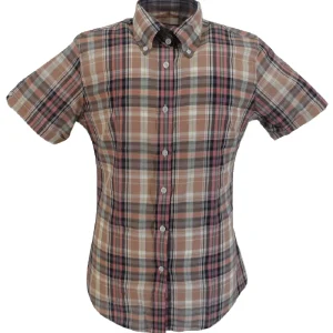 Real Hoxton Ladies Purple Checked Button Down Short Sleeved Shirts