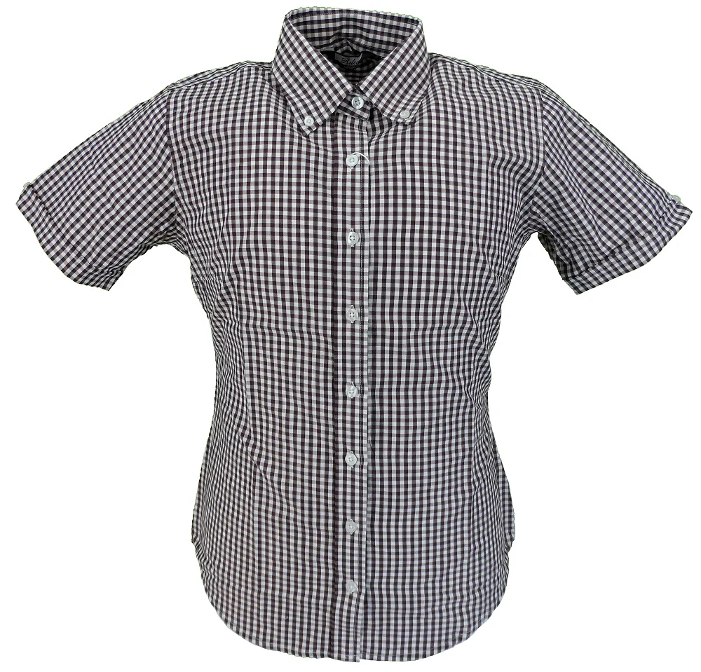 Relco Retro Burgundy Gingham Ladies Button Down Short Sleeved Shirts