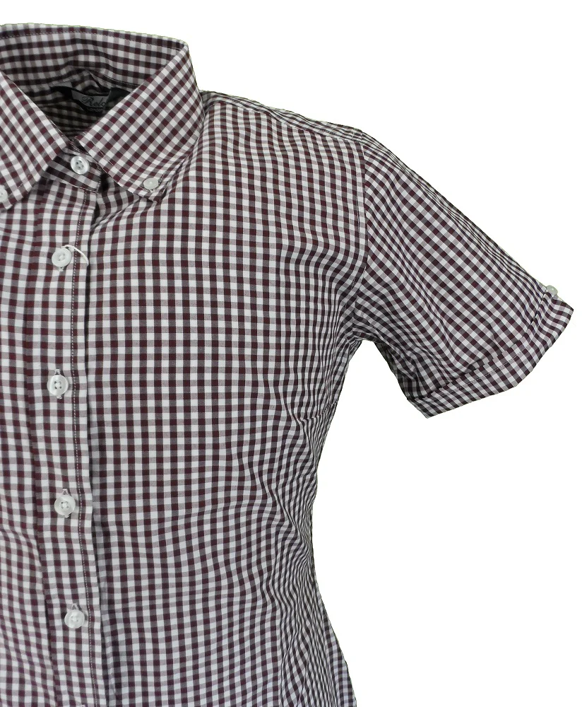 Relco Retro Burgundy Gingham Ladies Button Down Short Sleeved Shirts - immagine 4
