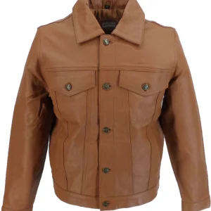Mazeys Mens Tan Leather Retro Trucker Jacket