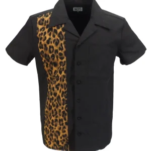 Mazeys Mens Rockabilly Retro Black/Leopard Bowling Shirts