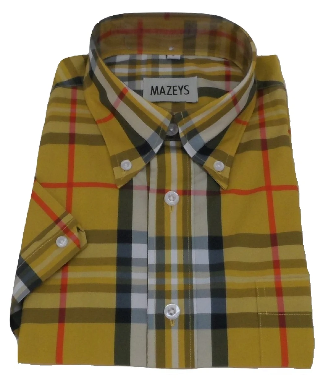 Mazeys Mens Mustard Checked 100% Cotton Short Sleeved Shirts - immagine 3