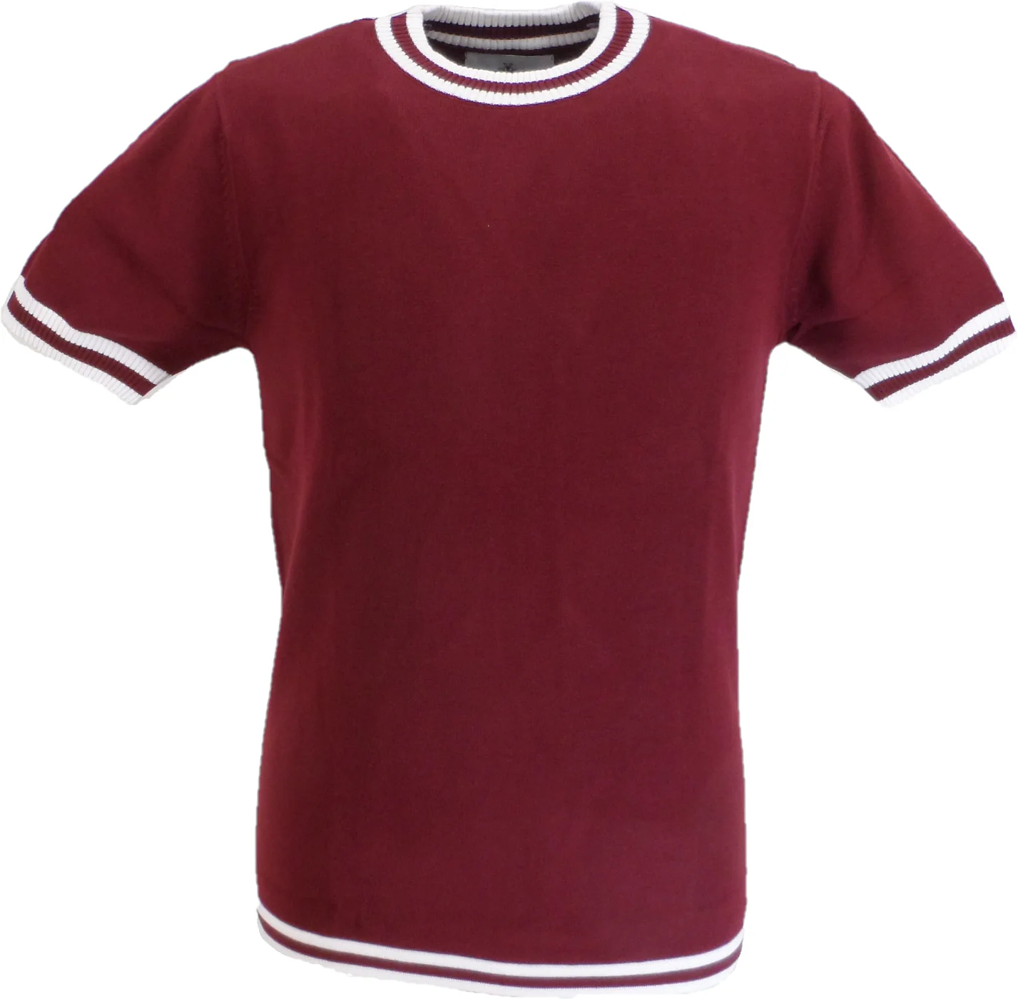 Madcap England Mens Burgundy Stripe Short Sleeve Mod Knit Jumper - immagine 2