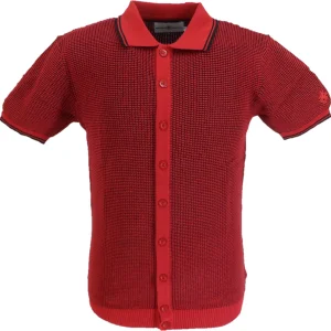 Madcap England Mens Red Retro Waffle Knitted Polo Cardigan