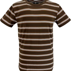 Mens Brown 60s 70s Retro Mod Striped T Shirt