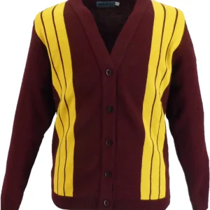 Mazeys Mens Classic Retro Burgundy/Mustard Striped Cardigan