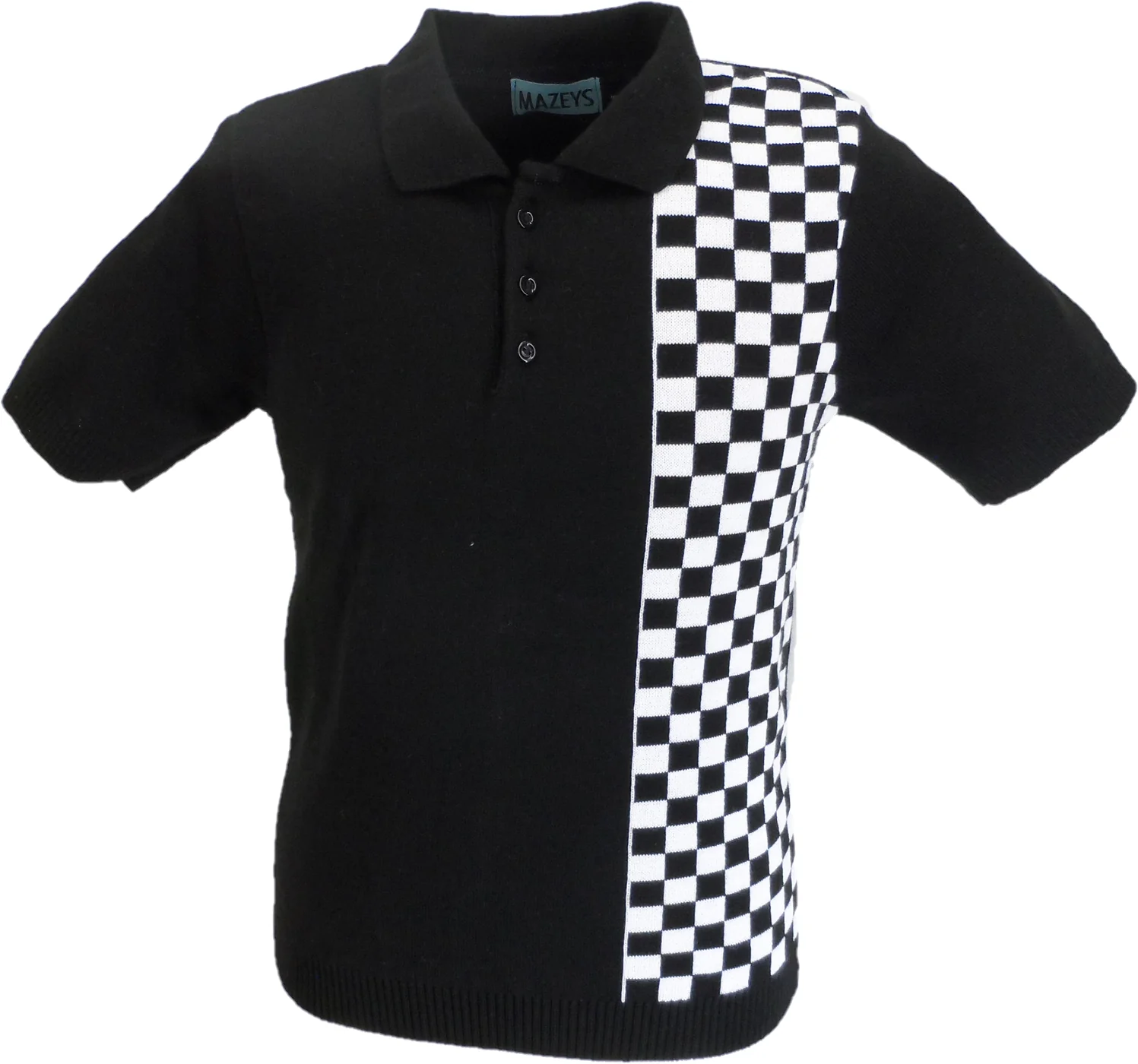 Mazeys Mens Black Checkerboard Knit Polo Shirt - immagine 2