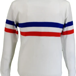 Mazeys Mens White Horizontal Stripe Crew Neck Jumper