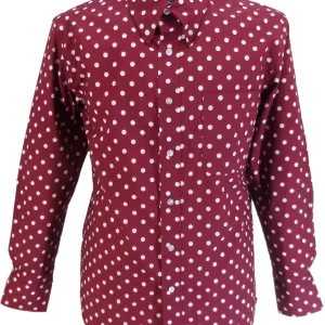 Mazeys Mens Burgundy and White Retro Mod Polka Dot 100% Cotton Shirts…