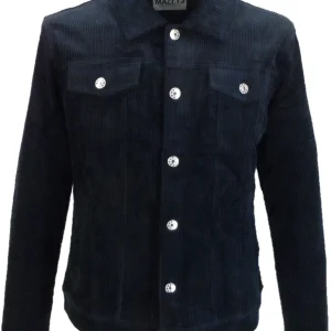 Mens 60s Retro Vintage Navy Cord Western Trucker Jacket