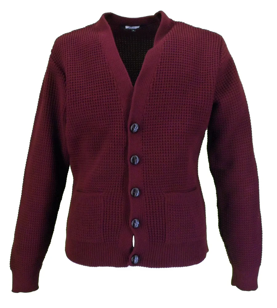 Relco Classic Retro Waffle Knit Burgundy Cardigan