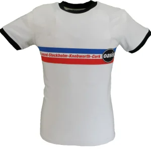 Mens Official Licensed Oasis White Knebworth Stripe Ringer T Shirt