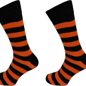 Mens 2 Pair Pack Orange and Black Striped Retro Socks