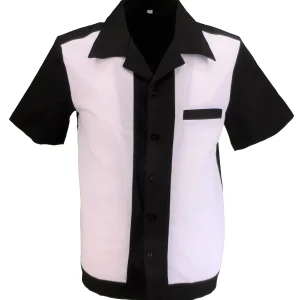 Mazeys Mens Retro White/Black 50s Rockabilly Bowling Shirts